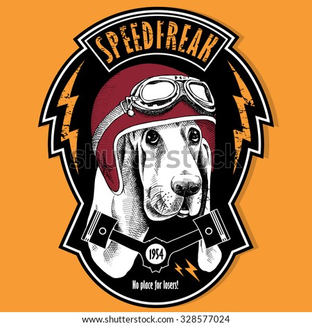 Emblem with portrait of a Basset Hound dog wearing motorcycle helmet. Vector illustration.