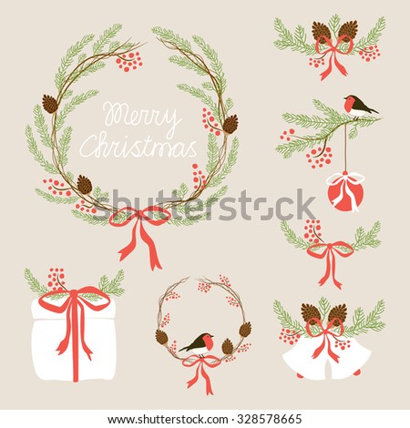 Cute set of hand drawn Christmas symbols as festive wreath, bells, present box, fir tree branches with rowan berries and cones for your decoration