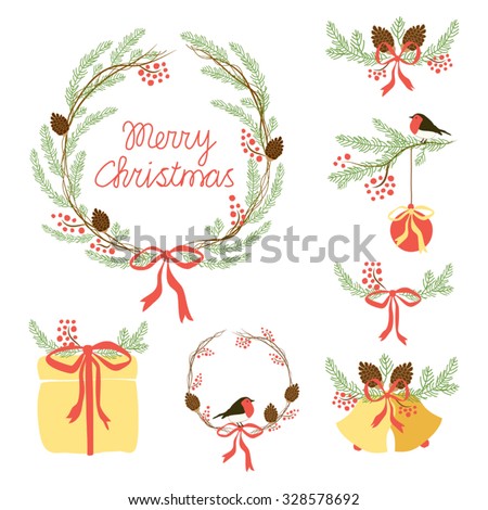 Cute set of hand drawn Christmas symbols as festive wreath, bells, present box, fir tree branches with rowan berries and cones for your decoration