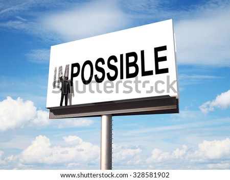 businessman drawing impossible word on billboard on sky background