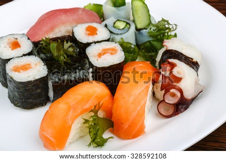 Japan traditional Sushi, sashimi and rolls set