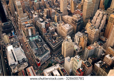 New York City Manhattan aerial skyline panorama view with skyscrapers and office buildings on street. 