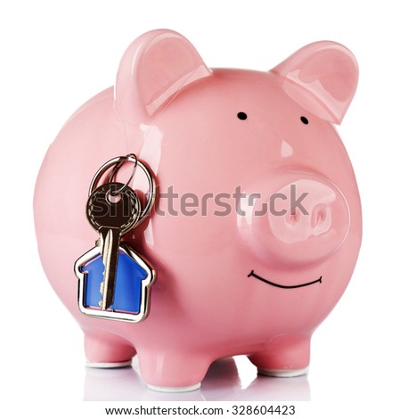 Piggy bank style money box with key isolated on a white