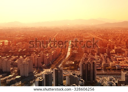 Beijing city sunrise with buildings in the morning. 