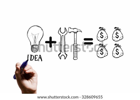 Close up of businessman drawing money making formula