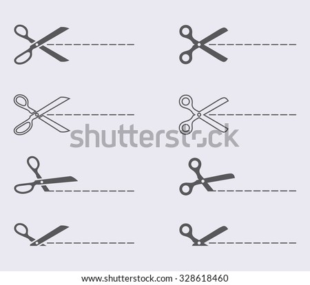Scissors with cut lines icon set . Vector illustration