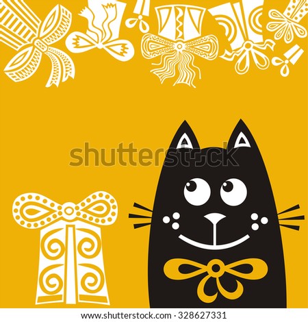 Happy birthday greeting card with cute cat and gifts vector illustration