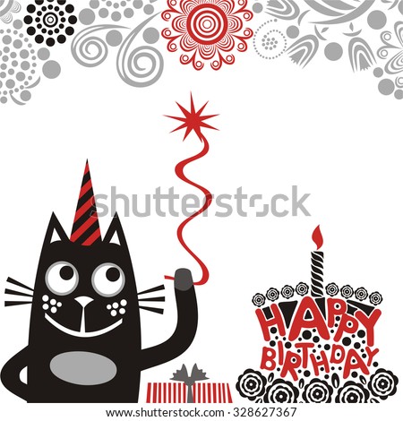 Happy birthday greeting card with cute cat and cake vector illustration