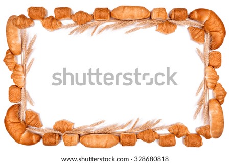 frame made of different kinds of bread, croissants, buns and wheat stalks - isolated on white, copy space