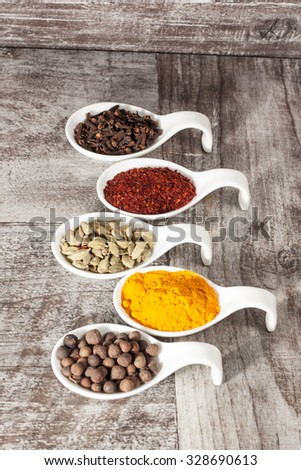 Spices. Spice in Wooden spoon. Herbs. Curry, Saffron, turmeric, cinnamon and other on a wooden rustic background. Pepper. Large collection of different spices and herbs. Salt, paprika.
