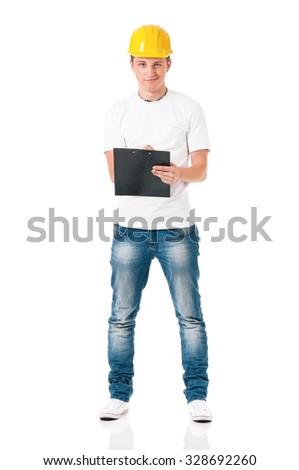 Young foreman in hard hat with clipboard, isolated on white background