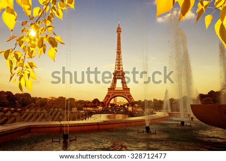 Eiffel Tower  with fountains. Beautiful sunset landscape in Paris. 