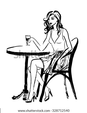 Fashion illustration of sitting woman in cafe of Paris. Ink outline sketch