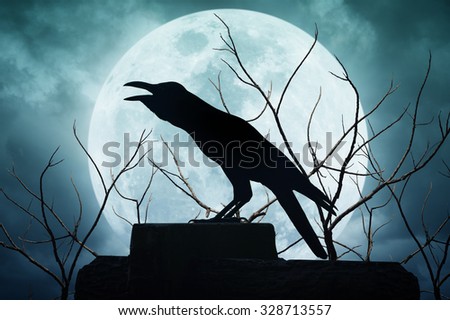 Crow sitting on the rock and croaks against full moon, Halloween background
