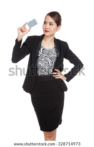Young Asian business woman with a blank card  isolated on white background