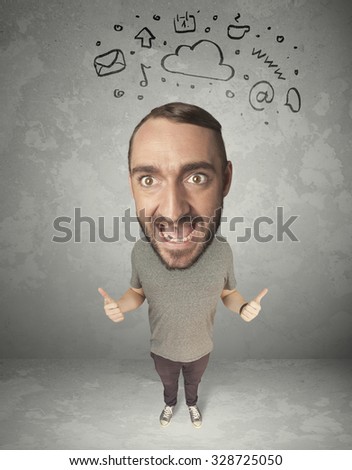 Funny guy with big head and drawn social media marks over it 