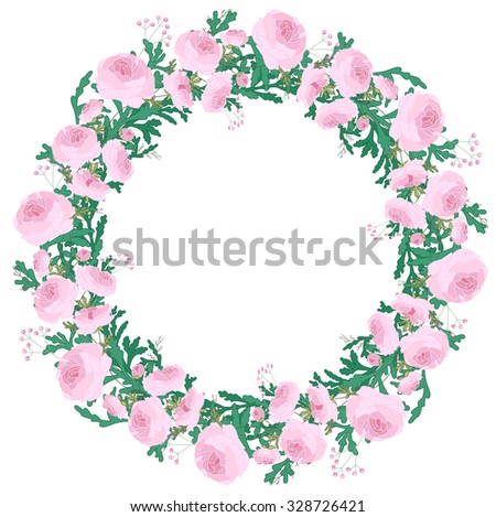 Detailed contour wreath with ranunculus and green branches isolated on white. Round frame for your design, greeting cards, wedding announcements, posters.