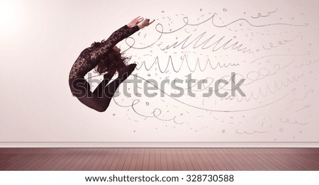 Pretty woman jumping with hand drawn lines and arrows come out concept