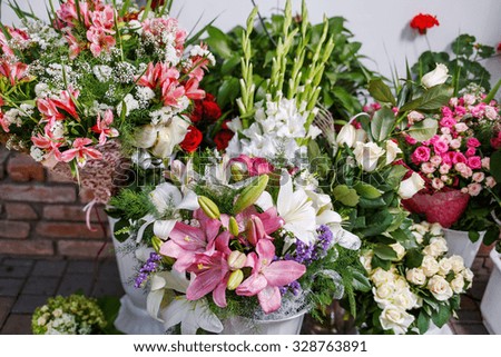Bunch of flowers gift. Colorful background.