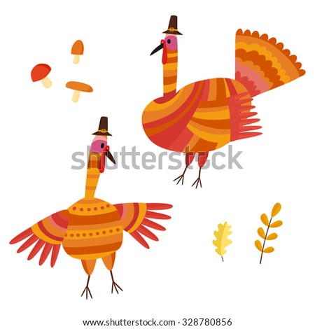 Vector Thanksgiving set. Collection with autumn signs: turkey, mushrooms, oak leaves. 