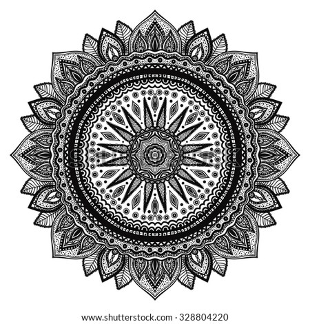 Black mandala, indian motif. Ornate round ornament. Hand drawn detailed vector illustration.