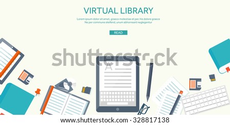 Vector illustration. Flat tablet. Virtual library. E-book, reading.