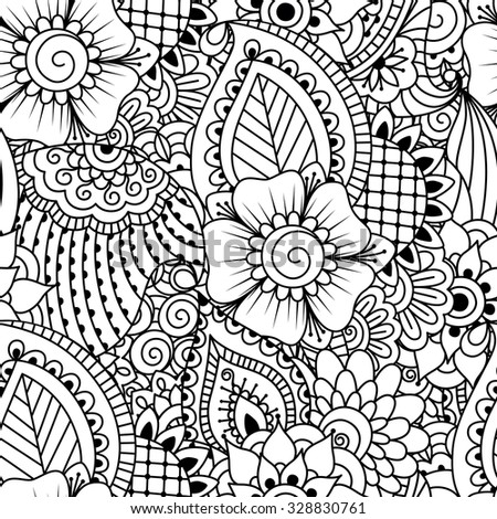Seamless black and white pattern. Ethnic henna hand drawn background for coloring book, textile or wrapping.