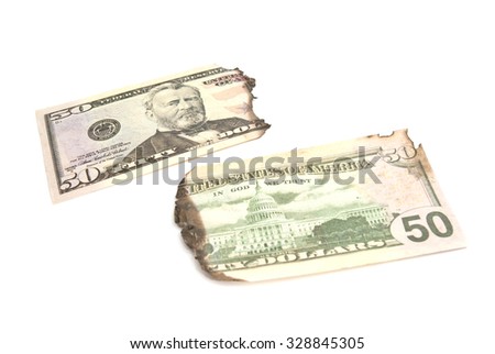 burnt bills of dollars closeup on white background