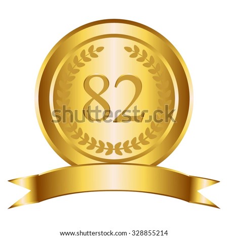 Vector illustration of  82 th anniversary. Gold award, gold ribbon and laurel wreath on a white background