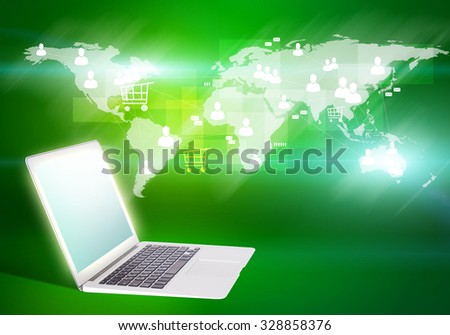 Laptop computer and world map on color background