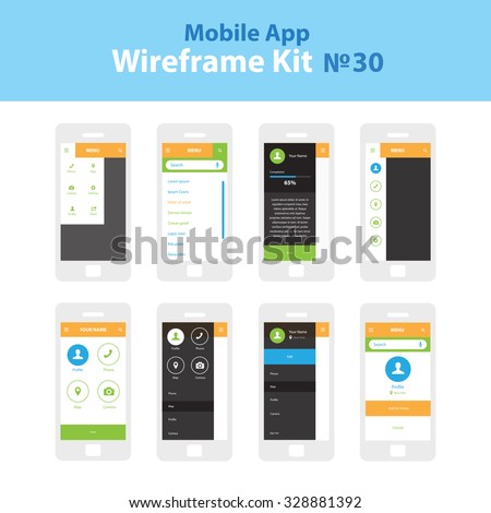 Mobile WIreframe App UI Kit 30. Dropdown menu screen, search menu screen, user profile info screen, menu categories screen, category buttons screen, sidebar menu screen, user profile location screen.