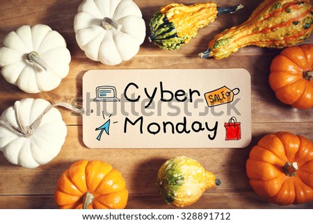 Cyber Monday message with colorful pumpkins and squashes