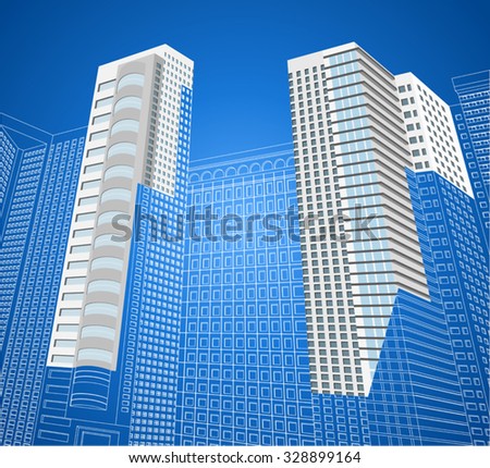 Tower wireframe,architecture style vector on a blue background