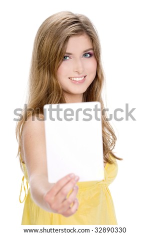 Portrait of a beautiful business woman holding a blank note card.