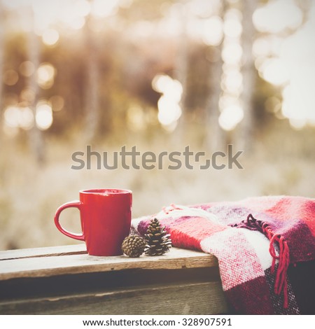 Cup of tea and warm plaid blanket on wooden rustic bench, picnic in the autumn forest. Fall weekend. Photo toned, selective focus.