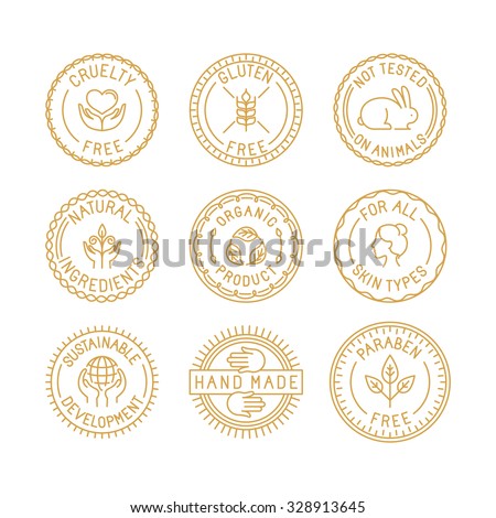 Vector set of badges for natural and organic cosmetics for packaging - cruelty free, gluten free, not tested on animals, natural ingredients, organic products, sustainable development