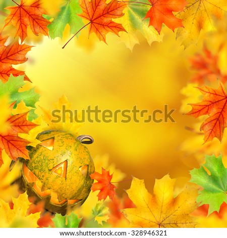 halloween pumpkin with frame made of autumn leaves and yellow background