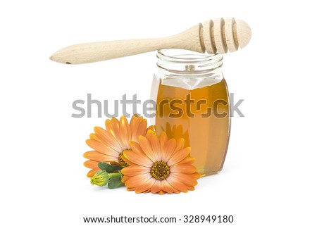 honey and flowers on white  background