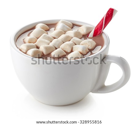Cup of hot cocoa with marshmallows and candy stick isolated on white background