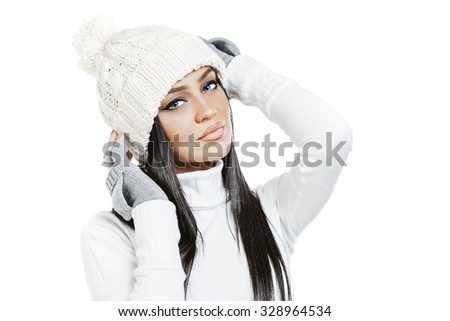 Beautiful brunette girl model in winter clothes