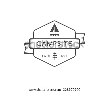 Vintage forest camping badge, outdoor logo, emblem and label concept for web, print. Retro stylish monochrome design. Tent, river, tree and text. Easy to change color. Vector illustration