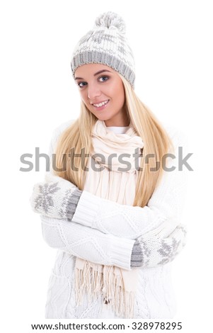 portrait of young cute beautiful woman in winter clothes isolated on white background
