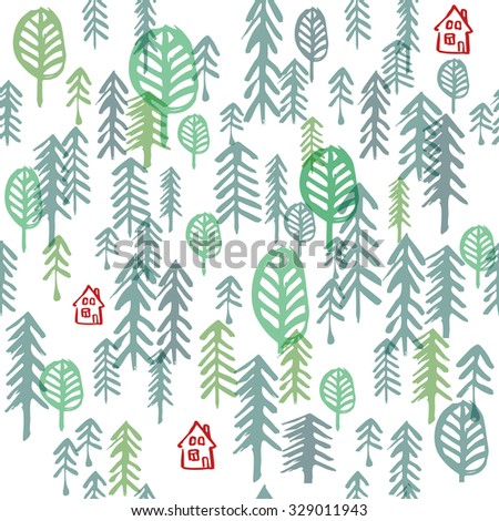 Seamless forest pattern. Hand drawn background. 