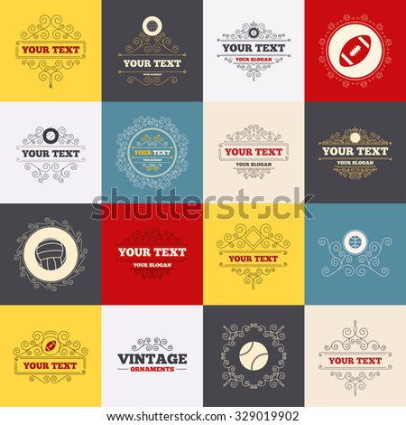 Vintage frames, labels. Sport balls icons. Volleyball, Basketball, Baseball and American football signs. Team sport games. Scroll elements. Vector