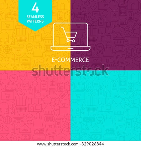 Thin Line Art Business E-Commerce and Finance Pattern Set. Four Vector Online Shopping and Money Design and Background in Trendy Modern Line Style.