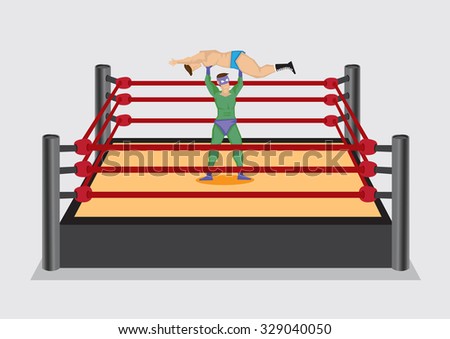 Wrestler in superhero costume lifts up opponent in wrestling ring, Vector cartoon illustration isolated on plain background.