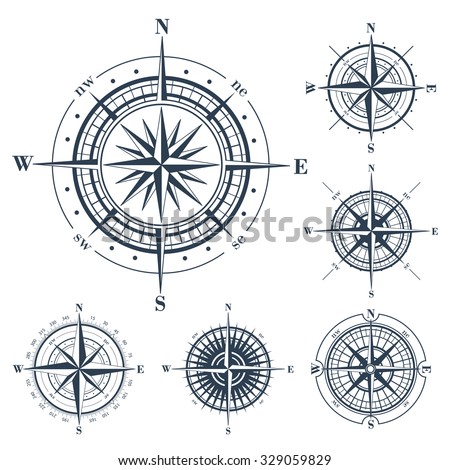 Set of compass roses or windroses isolated on white. Vector illustration.