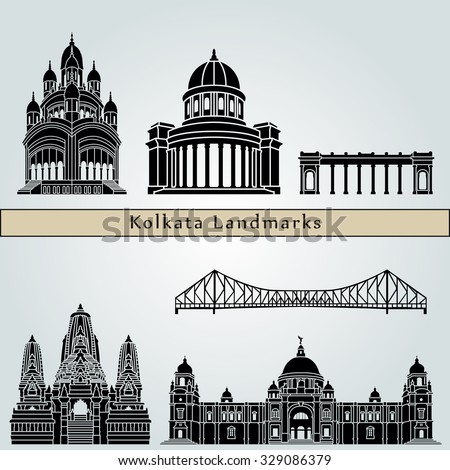 Kolkata landmarks and monuments isolated on blue background in editable vector file Royalty-Free Stock Photo #329086379