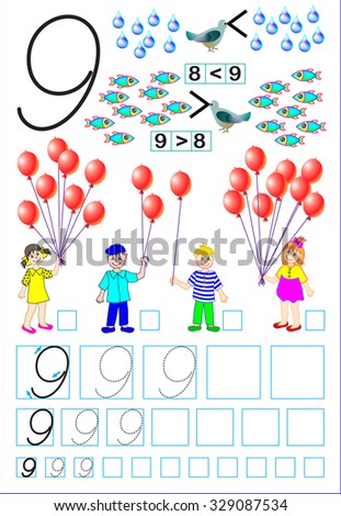 Educational page for children with number 9. Vector image.