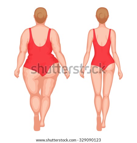 Fat woman and slender woman dressed in red swimsuits. Back view. Overweight and slenderness. Healthy and unhealthy lifestyle